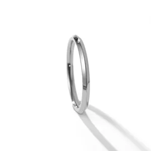 Detailansicht eines minimalistischen silbernen Edelstahlrings mit polierter Oberfläche