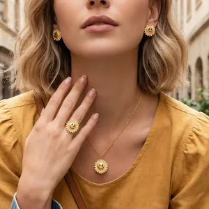 18K Gold Plated Copper Sunflower Smiley Face Pendant Necklace With Zirconia For Women Dainty Floral Figaro Chain Jewelry
