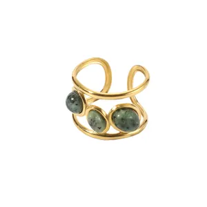 Retro 18k gold plated stainless steel open ring with three green stones for women.