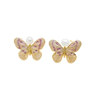 Monet's Garden style butterfly pendant with gold-plated copper and freshwater pearls