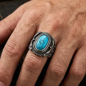 Vintage Herren Titanstahl Ring Oval Türkis Inlay Punk Böhmisch Adler Feder Geschnitzt Ethnischen Stil Schmuck Finger Band