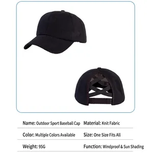 Close-up detail of knitted wool ponytail baseball cap showing the cross-back design