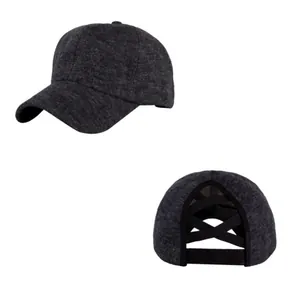 Dark grey knit ponytail baseball cap featuring back criss-cross elastic straps for women