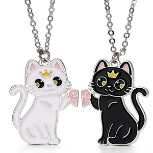 Pair of cartoon cat BFF magnetic necklaces with pink heart pendants for girls jewelry