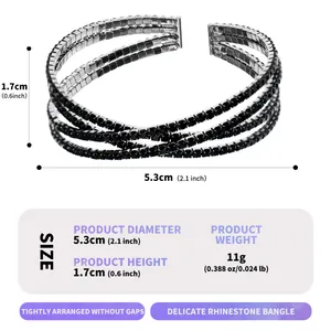 Detailed view of crossover black rhinestone bangle with size and weight specifications