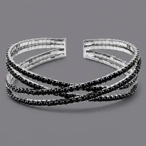 Fashion silver-tone multi-layer cross open cuff bracelet with black rhinestones
