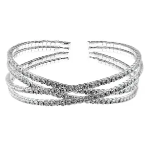 Elegant silver-toned rhinestone criss-cross open cuff bracelet for stylish bridal jewelry