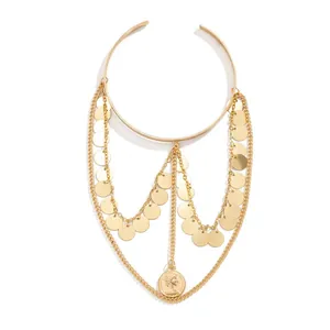 Chic gold-toned adjustable armlet featuring multi-layer tassel chains and coin charms