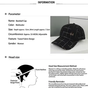 Vue détaillée d'une casquette de baseball en tweed noir avec mesures et tailles.