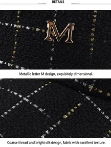 Gros plan d'une casquette en tweed avec logo M doré et fils métalliques brillants.