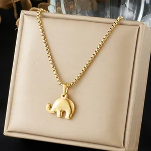Vintage Gold Plated 304 Stainless Steel Elephant Pendant Necklace Minimalist Lucky Animal Charm Box Chain Jewelry For Women