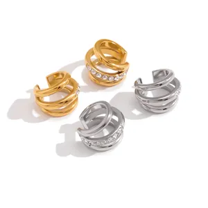 Elegant 18K gold-plated stainless steel triple-layered crystal ear cuffs for non-pierced ears