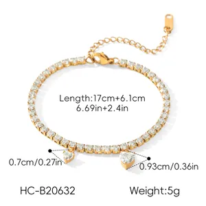 Gedetailleerde weergave van de 18K vergulde hart tennisarmband met afmetingen