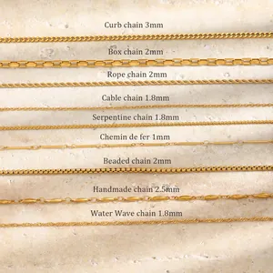 Selection of 18K gold plated stainless steel chains including Curb, Box, and Rope styles