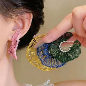 Pendientes de Botón Redondos de Alambre Metálico Tejidos de Moda Pendientes Geométricos de Lujo con Poste de Plata para Mujer Joyería