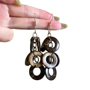 Bohemian geometric coconut shell ring tassel earrings with silver ear hooks