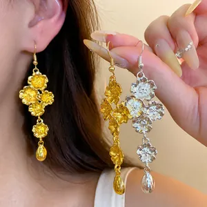 Orecchini a Gancio Retro con Fiore e Goccia d'Acqua Vintage Floreale Pendenti per Donna Gioielli in Lega di Alta Gamma Colore Oro Argento