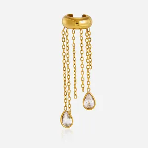 Luxury Stainless Steel Tassel Ear Cuff For Women No Piercing Gold Plated Zirconia Drop Earrings Waterproof Hypoallergenic Jewelry