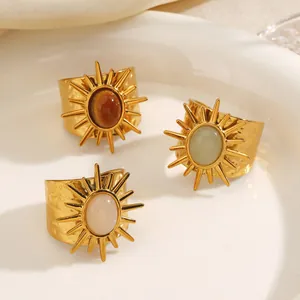 Edelstahl Sonne Gehämmerter Offener Ring Damen Vintage Vergoldet Tigerauge Geometrischer Verstellbarer Edelstein Fingerring