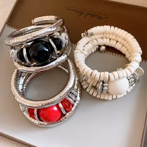 Vintage Multi-Layer Wrap Bracelet For Women Metal Iron Acrylic Beaded Circular Coil Bangle Rhinestone Fashion Jewelry
