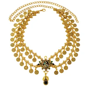 Intricate detail of a vintage gold coin double-layer ethnic belly dance waist chain