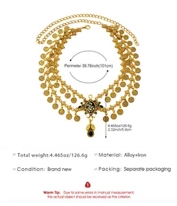 Detail view of vintage gold coin double waist chain with shell pendant and measurements