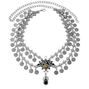 Vintage ethnic waist chain with coin pendants and colorful shell pearl details.