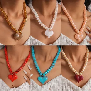 Vintage Ethnic Acrylic Beaded Necklace Double Layer Heart Pendant Geometric Marble Pattern Choker For Women Boho Fashion Jewelry Gift