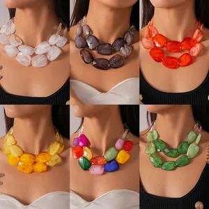 Overview showing six vibrant color variations of chunky acrylic double-layered necklaces