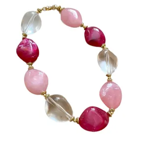 Elegant retro pink and clear acrylic beaded necklace with gold spacers for women