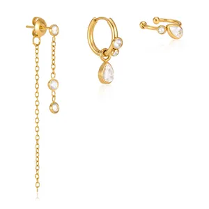 Elegantes vergoldetes Edelstahl-Ohrring-Set mit Zirkonia-Tropfen und langen Quastendetails.