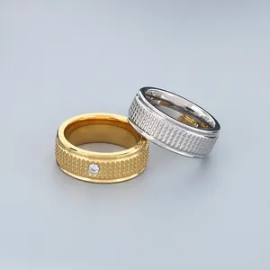 Premium minimalist titanium steel couple rings with textured bands and inset diamond
