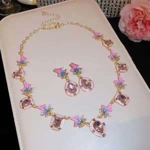 Monet Garten Stil Legierung Rosa Strass Schmetterling Halskette Ohrringe Silber Stift Gold Vergoldet Öltropfen Schmuck