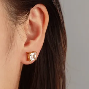 Gros plan d'une boucle d'oreille à clou en zircone carrée portée sur l'oreille d'un mannequin