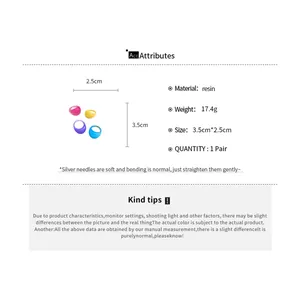 Detail page of multi-color geometric resin rings showing size, weight, and material specs.