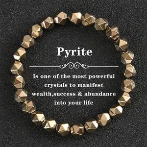 Natural Pyrite Faceted Stone Beads Bracelet For Men Women Wealth Success Hematite Beaded Stretch Bracelet Jewelry