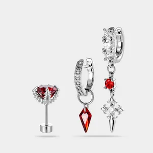 Titanium Steel Retro Sweet Cool Red Zirconia Cross Rhombus Pendant Dragon Claw Stud Earrings Punk Gothic Ear Piercing Jewelry