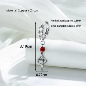 Punk style silver earrings with red and clear zircon cross dangle pendant.