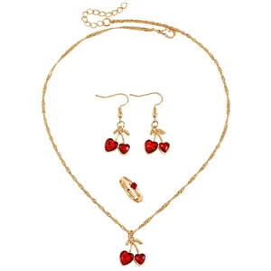 Detailed view of sweet red heart cherry jewelry set including necklace, earrings, and ring