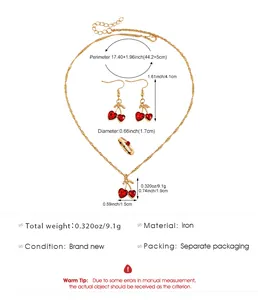 Detailed measurements of sweet red heart cherry jewelry set in gold finish