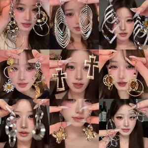 Vintage Geometric Tassel Drop Earrings For Women Elegant Copper Flower Cross Rhinestone Earrings With 925 Sterling Silver Post High-End Fashion Jewelry Gift