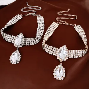 Luxury rhinestone teardrop pendant choker necklace in gold and silver finish options
