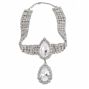 Exaggerated rhinestone water drop pendant necklace with four-row sparkling choker chain