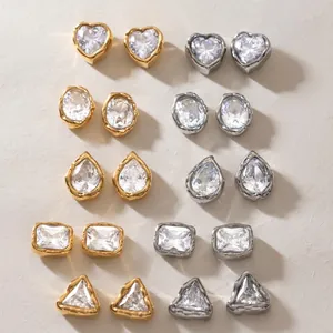 Stainless Steel Zirconia Stud Earrings 18K Gold Plated Geometric Heart Triangle Oval Teardrop Earrings For Women Jewelry