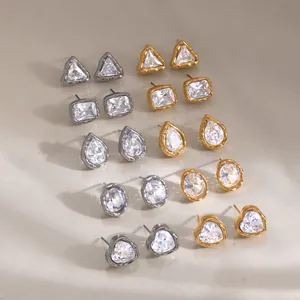 Collection of geometric zircon bezel-set earrings in 18k gold and silver stainless steel
