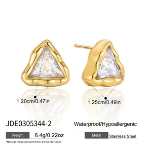Detailed view of 18k gold plated stainless steel zircon triangle stud earrings.