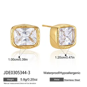 Detail view of 18k gold plated stainless steel cubic zirconia stud earrings with dimensions.