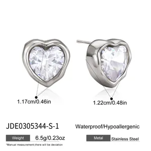 Close-up showing dimensions of heart-shaped stainless steel zircon stud earrings.