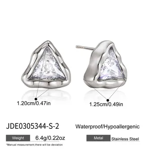Close-up of irregular stainless steel triangular earrings with clear trillion zircon stones