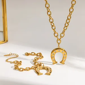 18k gold-plated stainless steel horseshoe necklace and bracelet jewelry set with cubic zirconia